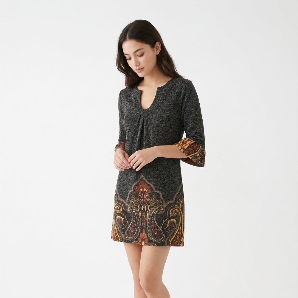 Aryeh Dress Brown Mini Knit Boho Casual Paisley L